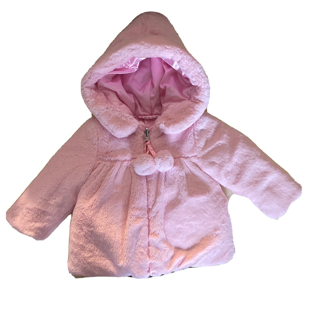 Play Town Baby Coat Faux Fur Pink Satin Lined Plush Soft Warm Hooded Sz 18 Mth